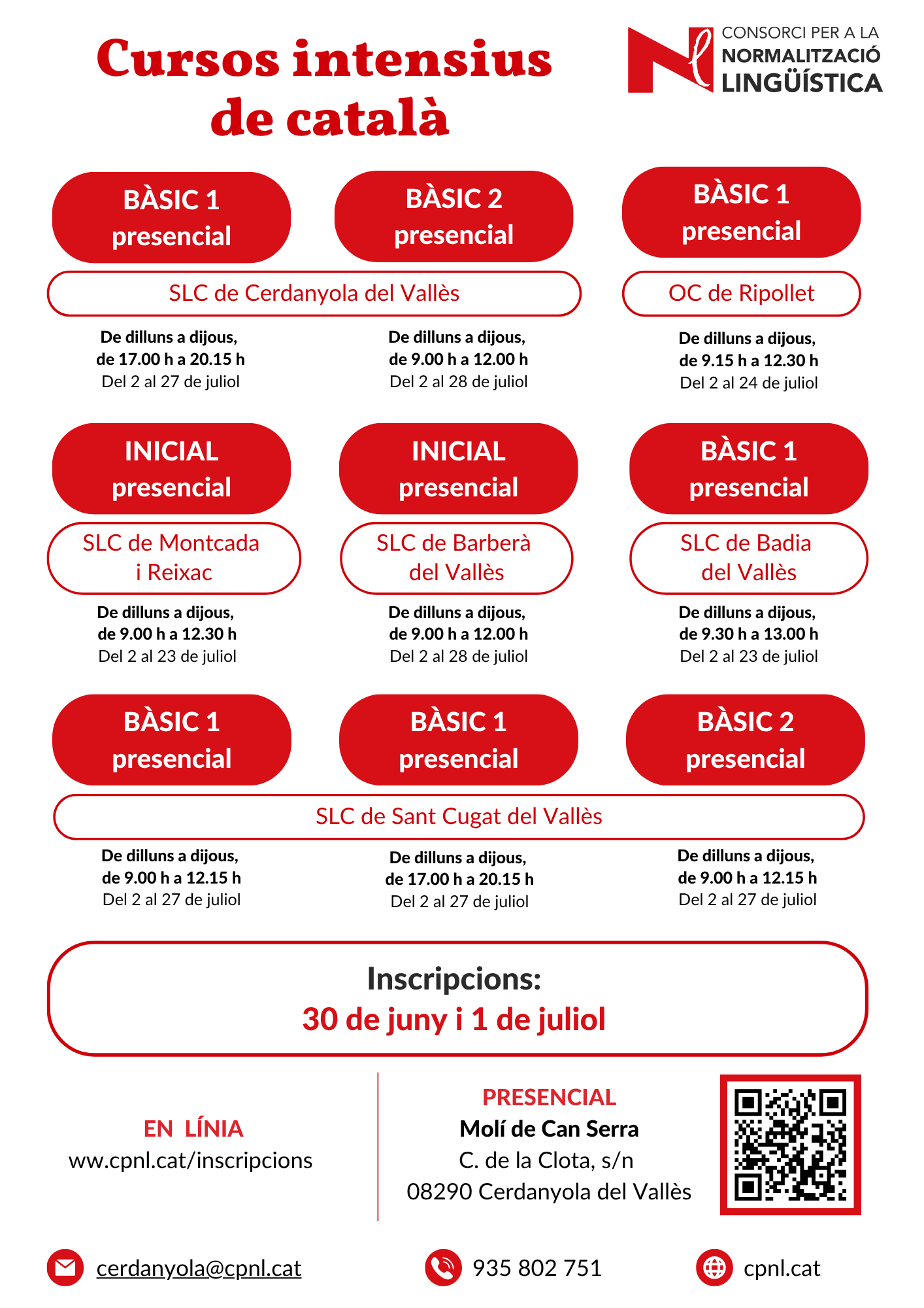Cartell amb l'oferta de cursos estiu de català. Autor: CPNL Cerdanyola