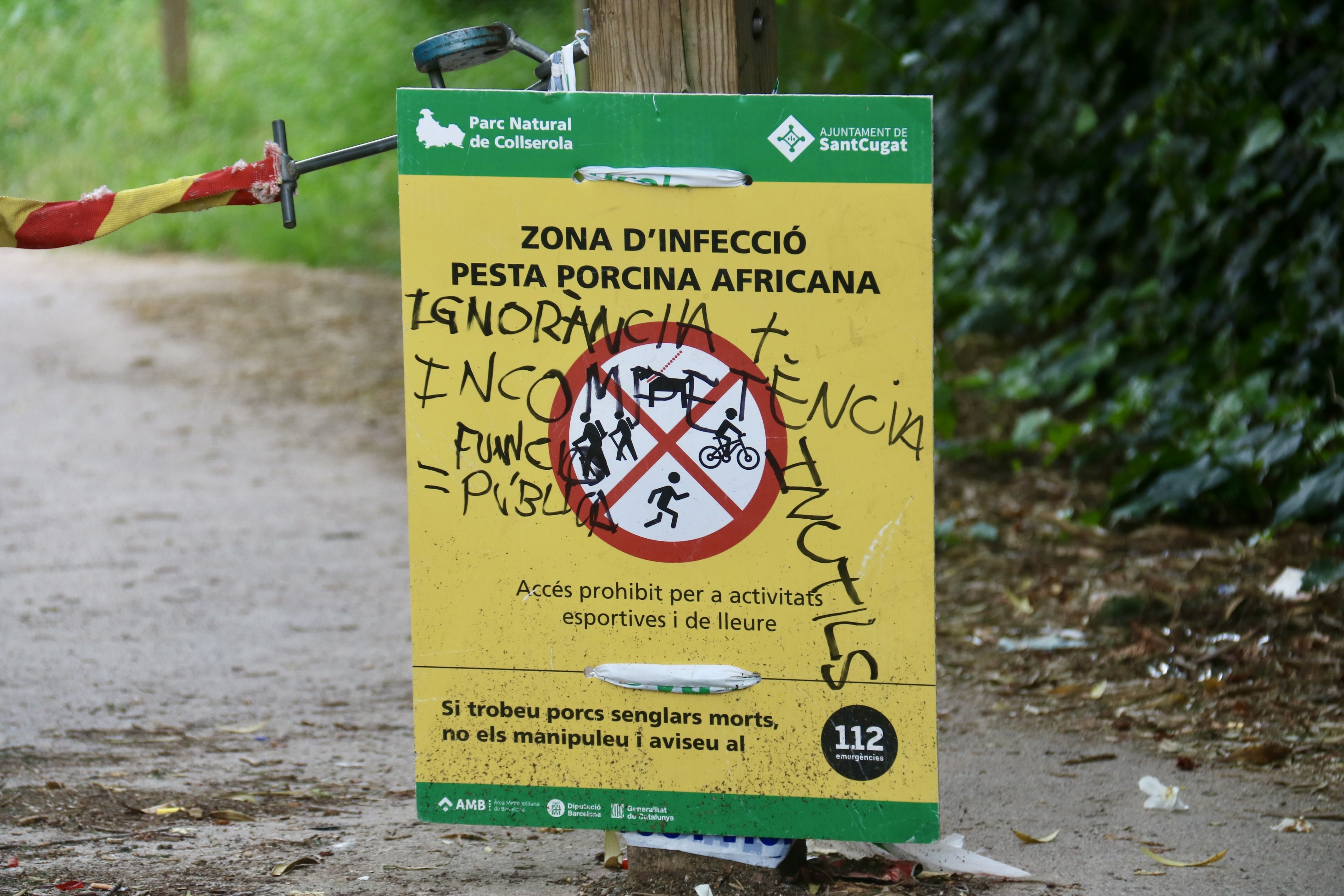 Un cartell ple de pintades adverteix de la prohibició de passar a Collserola. FOTO: ACN