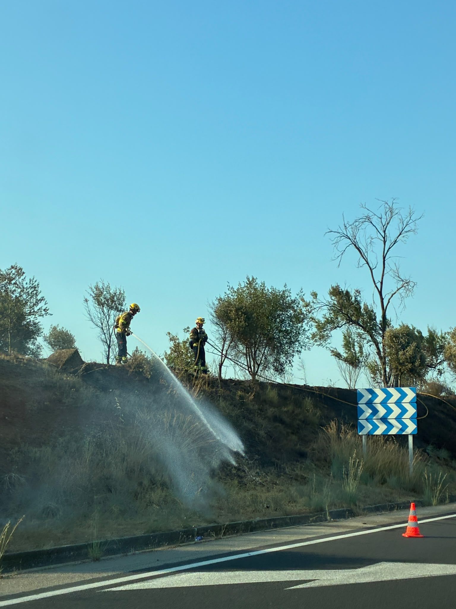 Bombers treballant en l’extinció d’un incendi de vegetació al costat de la C-58. FOTO: Laia Jubany