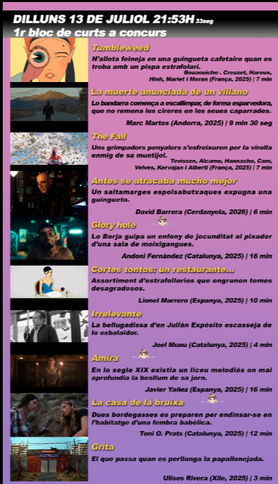 Programa del primer bloc de curts del Fantosfreak 2026, que es projectarà aquest dilluns 13 de juliol al Parc del Turonet. FOTO: Fantosfreak<