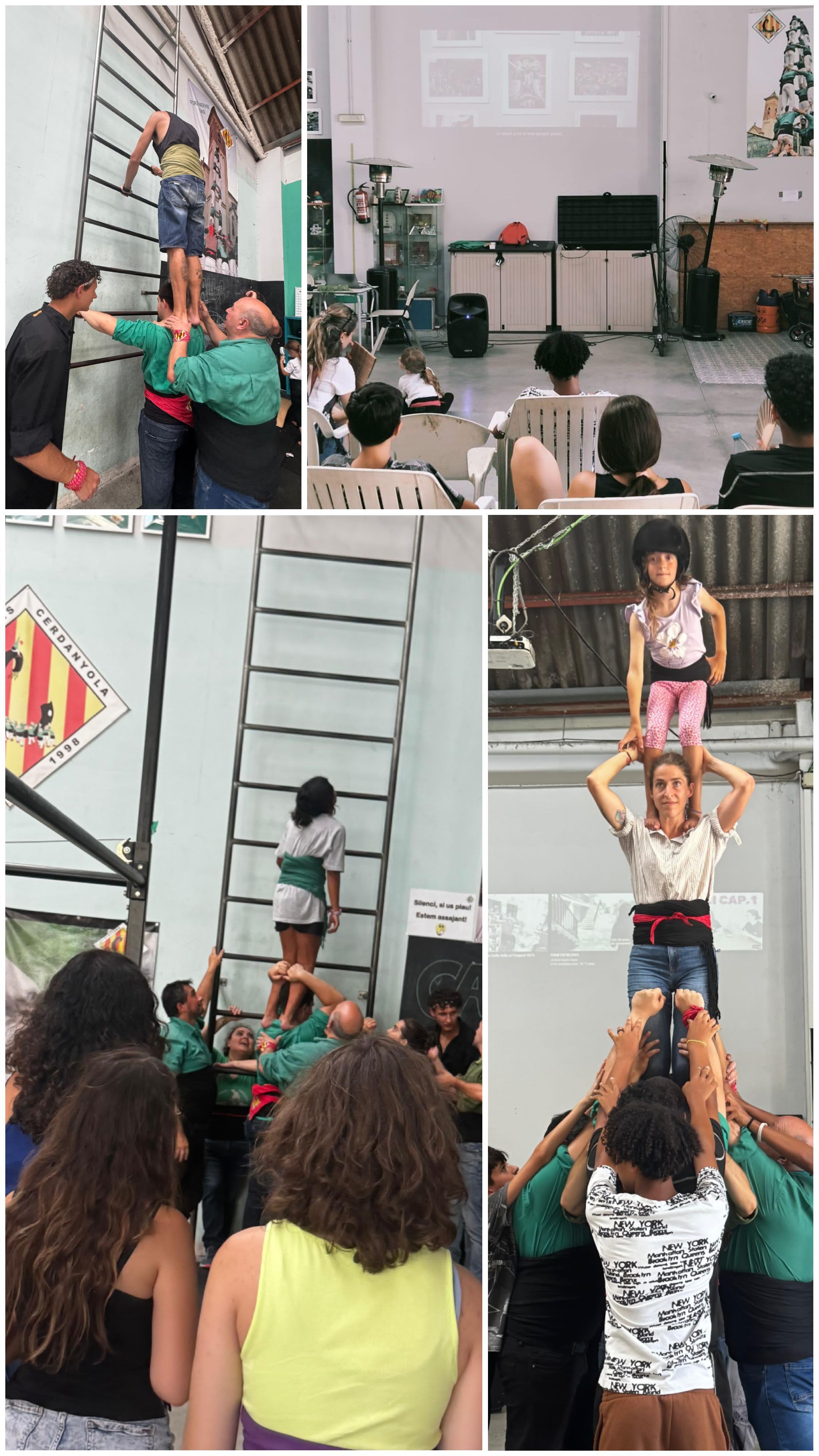 Els participants van descobrir el món casteller amb una visita al local d’assaig, on van conèixer la colla i van provar d’enfaixar-se, pujar a les espatlleres i fer pinya. FOTO: Castellers de Cerdanyola