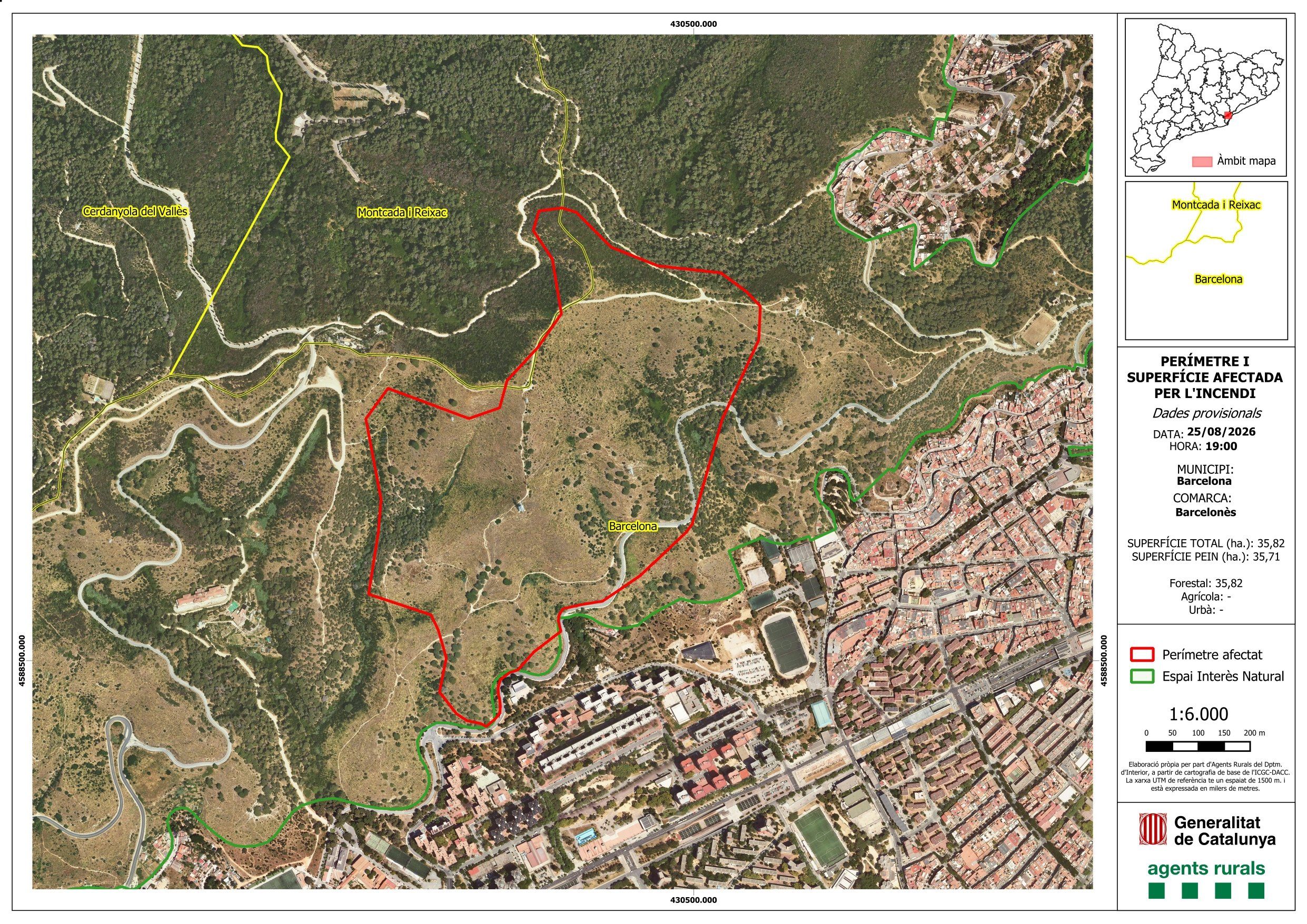 El perímetre de l’incendi, a tocar del terme de Cerdanyola. MAPA: Agents Rurals
