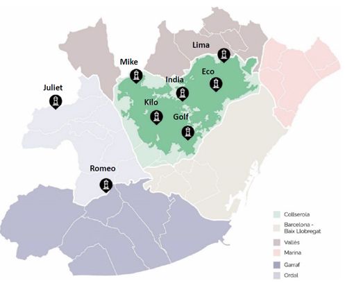 Les vuit torres de guaita del dispositiu de prevenció d’incendis. MAPA: Parc Natural de Collserola