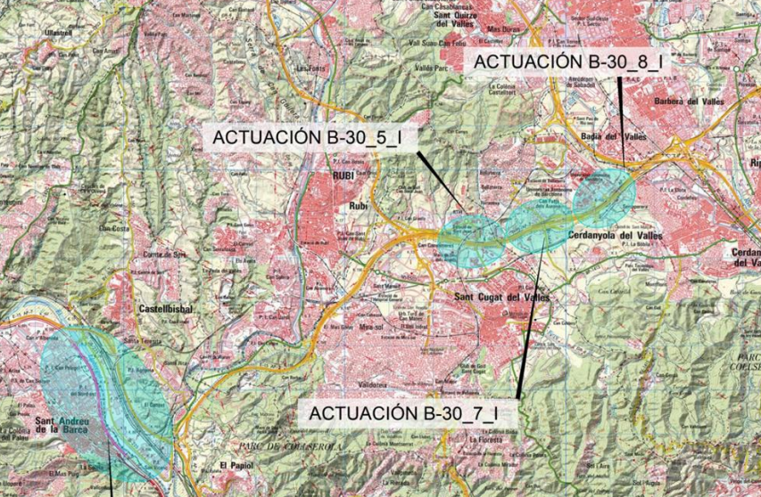 Mapa de les actuacions previstes a la B-30 a Bellaterra i la UAB. FONT: Ministeri de Transports