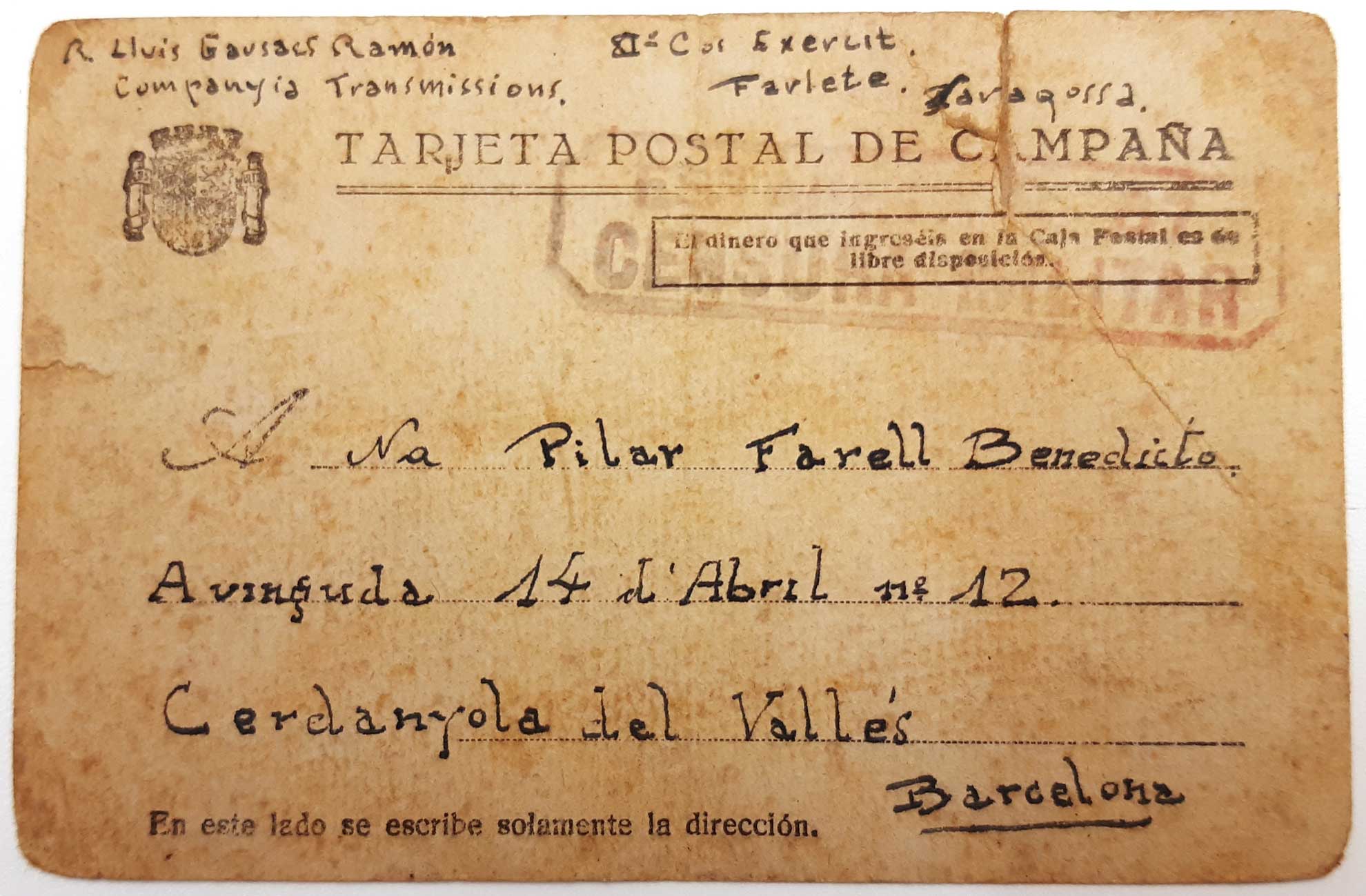 Targeta enviada des del front per Lluís Gausachs a la seva alumna Pilar Farell el 1937, després que el mestre hagués tornat a files. FOTO: Família Mata Farell / Diputació de Barcelona