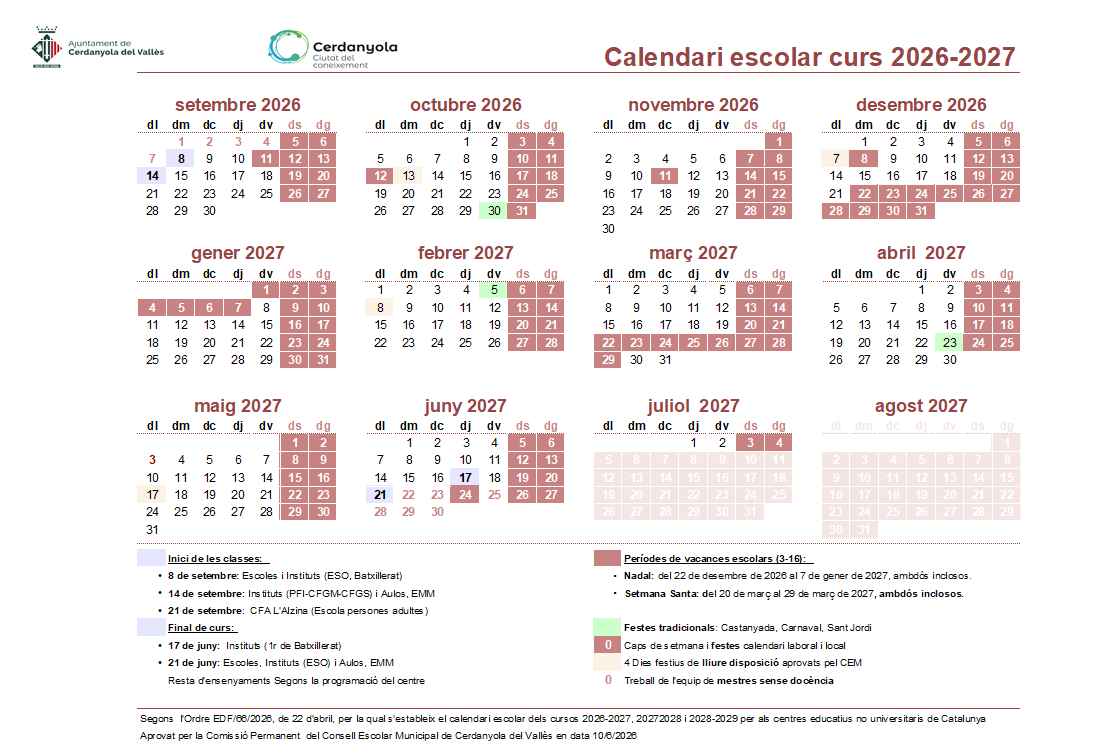 Calendari escolar de Cerdanyola pel curs 2026/2027