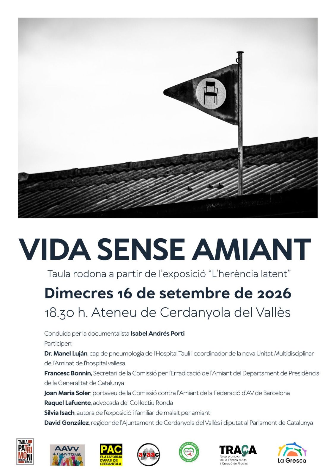 Cartell de la taula rodona d'aquesta tarda, impulsada pel grup de treball sobre memòria de la Uralita, amb la participació de diverses entitats de Cerdanyola i Ripollet. 