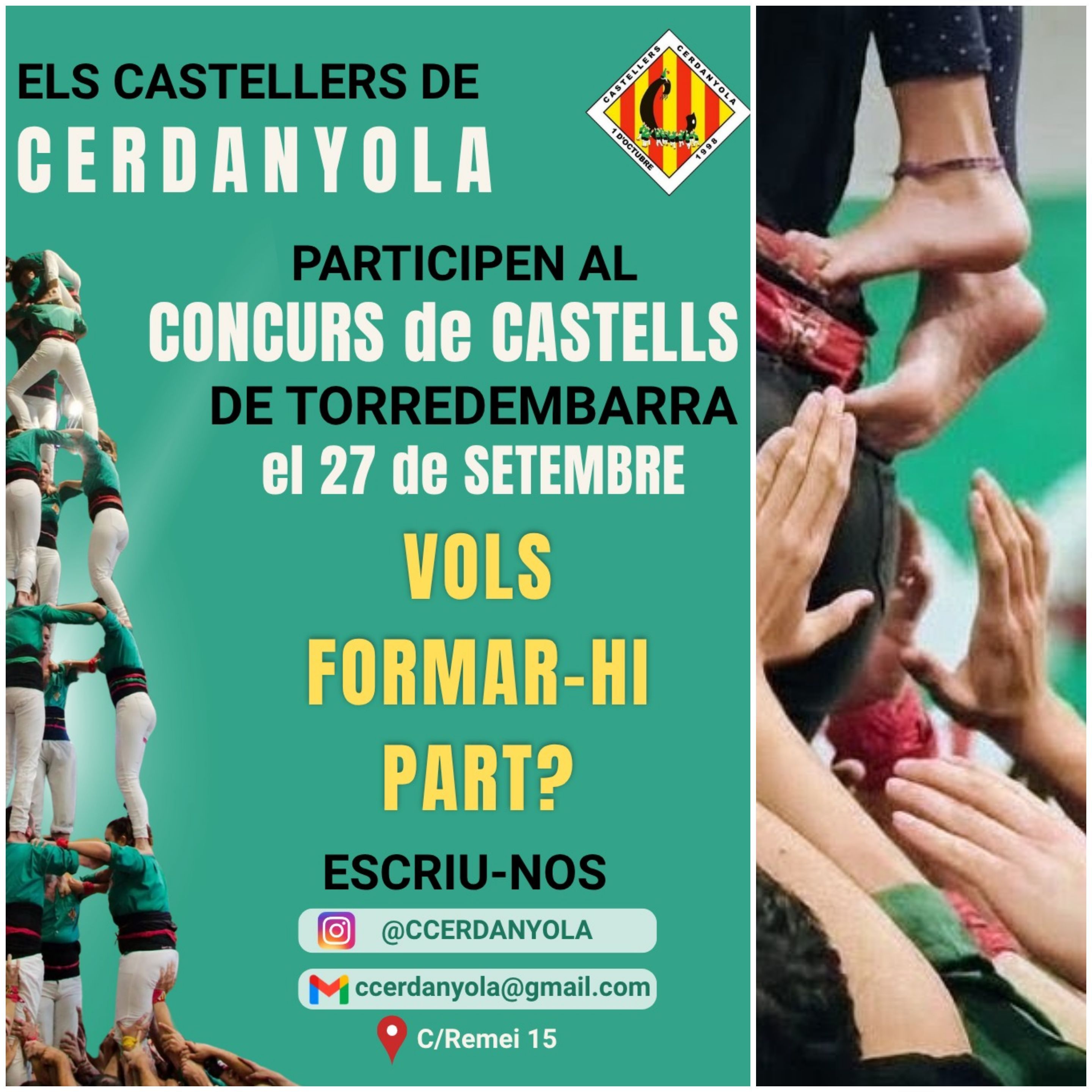 Els Castellers de Cerdanyola fan una crida a sumar-se a la colla de cara al Concurs de Castells de Torredembarra. FOTO: Castellers de Cerdanyola