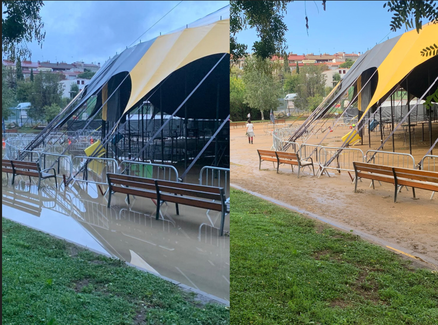 El Parc del Xarau a les 7.53 h i a les 12 h: l’aigua ha drenat a la zona de terra i hi ha deixat fang. FOTO: Judit Josa