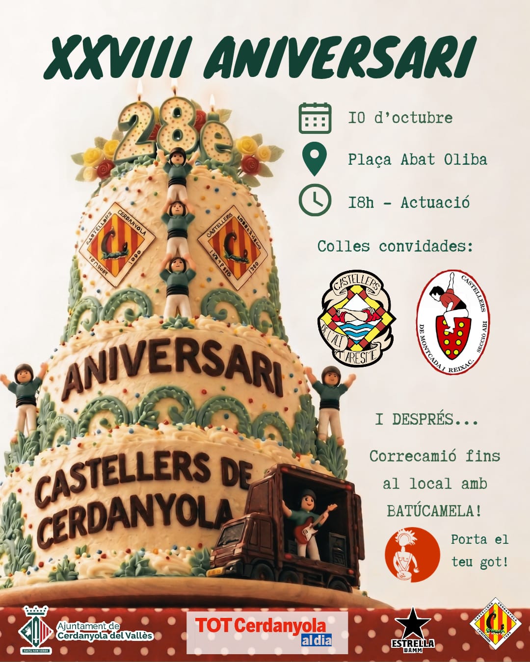 Cartell d'aniversari de la colla cerdanyolenca, pocs dies després de fer història al Concurs de Castells de Torredembarra.