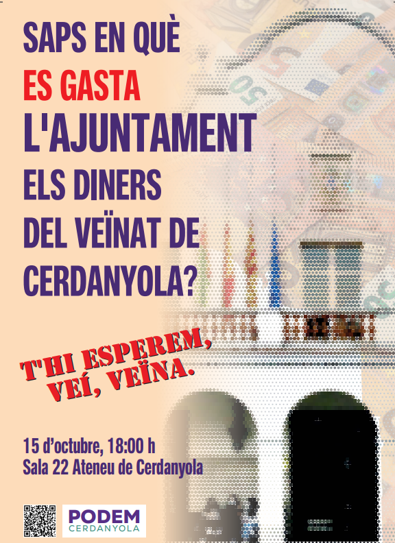 Cartell de la trobada sobre la despesa municipal convocada per Podem Cerdanyola. FOTO: Cedida.